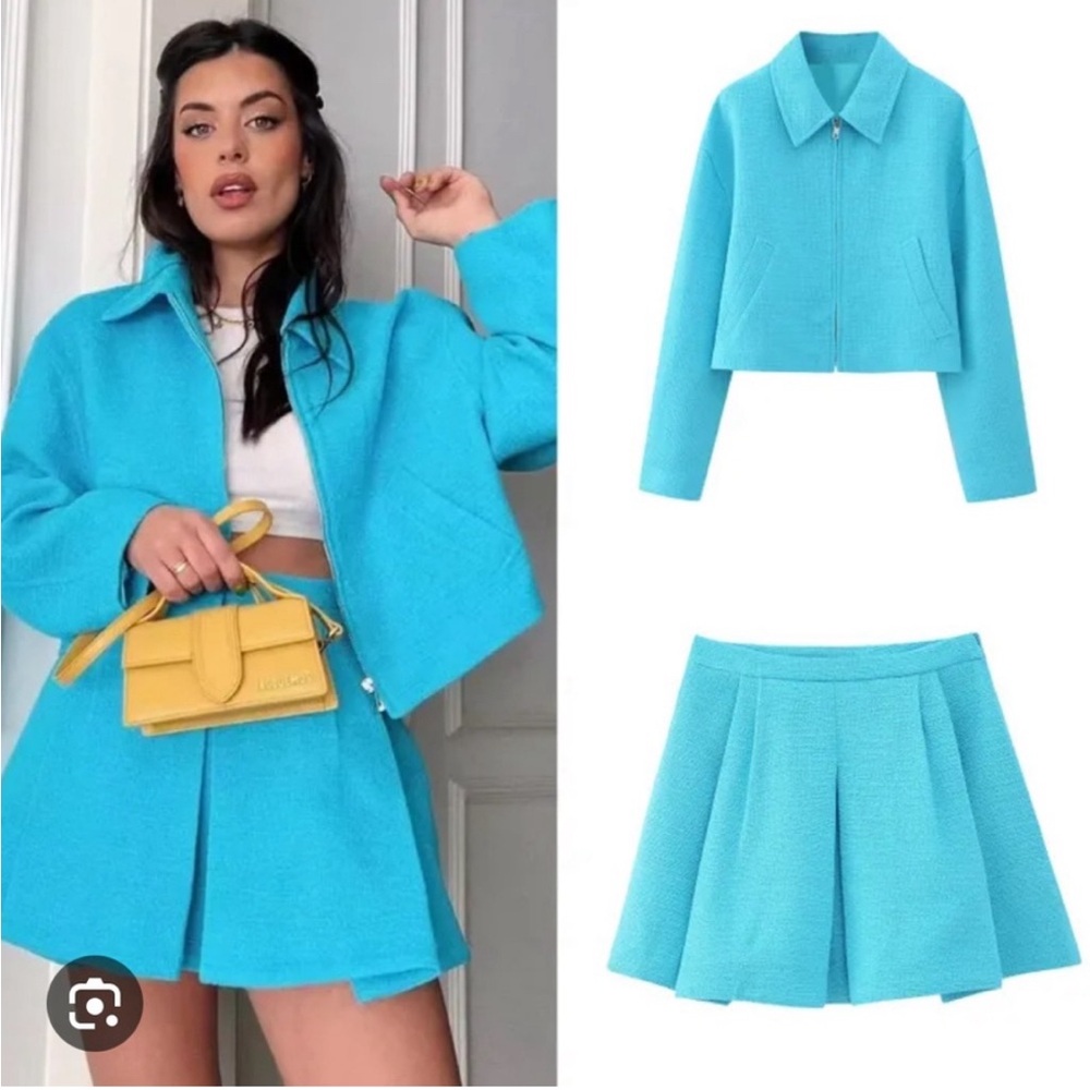 NWT Zara 2-Piece Collared Crop Texture Bomber Jacket and Mini Skirt Set